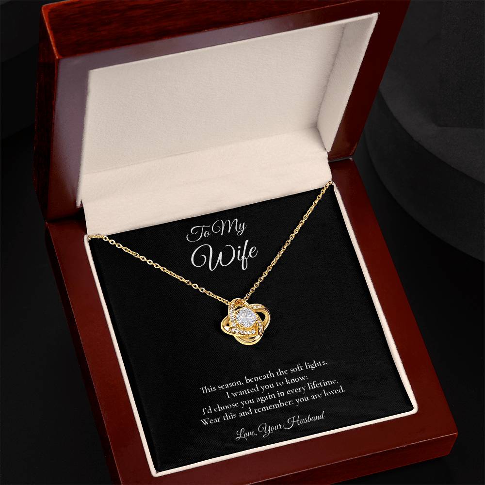 Wife Necklace from Husband – Love Knot Necklace with Message Card – Holiday Gift – 14k White Gold Finish