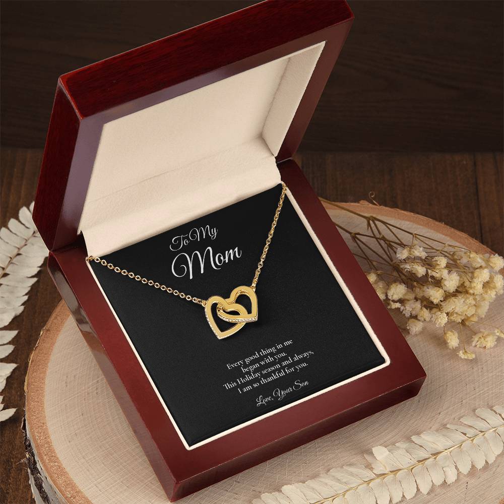 Mom Necklace from Son – Interlocking Hearts Necklace with Message Card – Holiday Gift – 14k White Gold Finish
