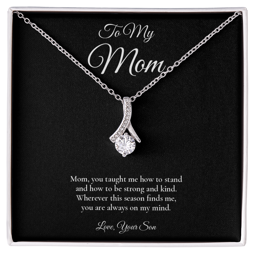 Mom Necklace from Son – Alluring Beauty Necklace with Message Card – Holiday Gift – 14k White Gold Finish