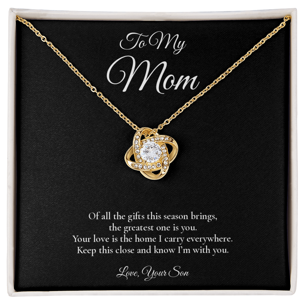 Mom Necklace from Son – Love Knot Necklace with Message Card – Holiday Gift – 14k White Gold Finish