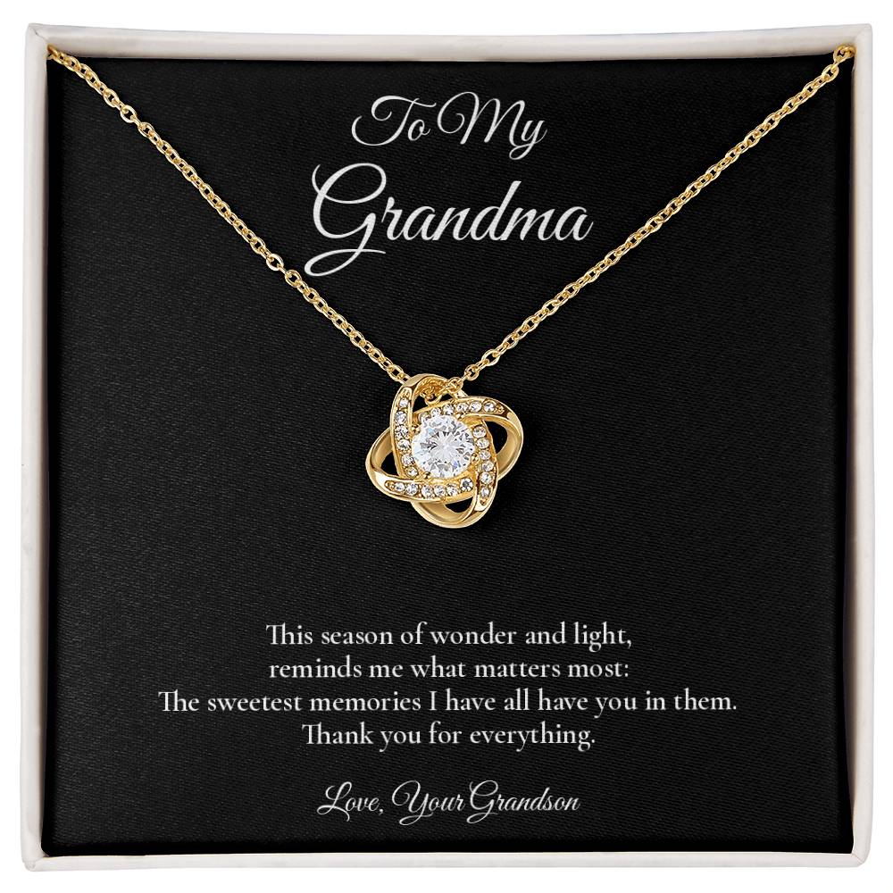 Grandma Necklace from Grandson – Love Knot Necklace with Message Card – Holiday Gift – 14k White Gold Finish