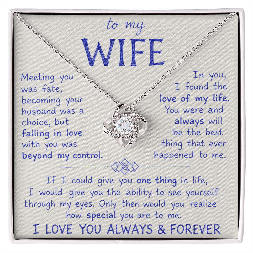 Love Knot Necklace with cubic zirconia and message card for wife