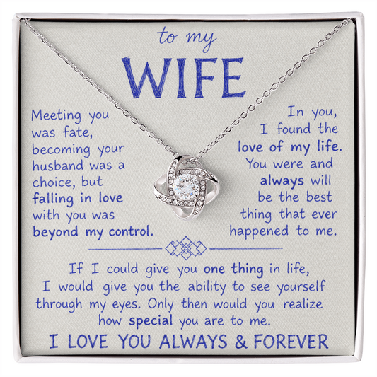 Love Knot Necklace with cubic zirconia and message card for wife