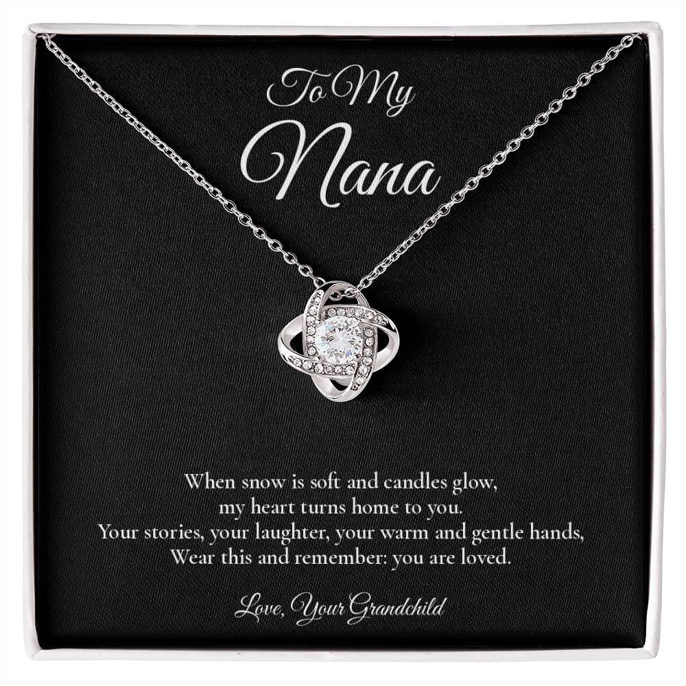 Nana Necklace from Grandchild – Love Knot Necklace with Message Card – Holiday Gift – 14k White Gold Finish