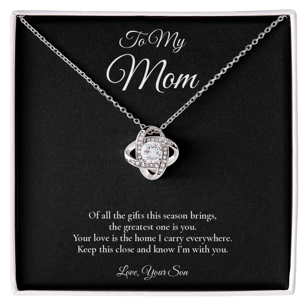 Mom Necklace from Son – Love Knot Necklace with Message Card – Holiday Gift – 14k White Gold Finish