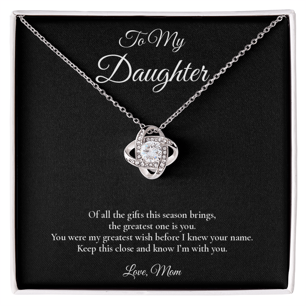 Daughter Necklace from Mom – Love Knot Necklace with Message Card – Holiday Gift – 14k White Gold Finish
