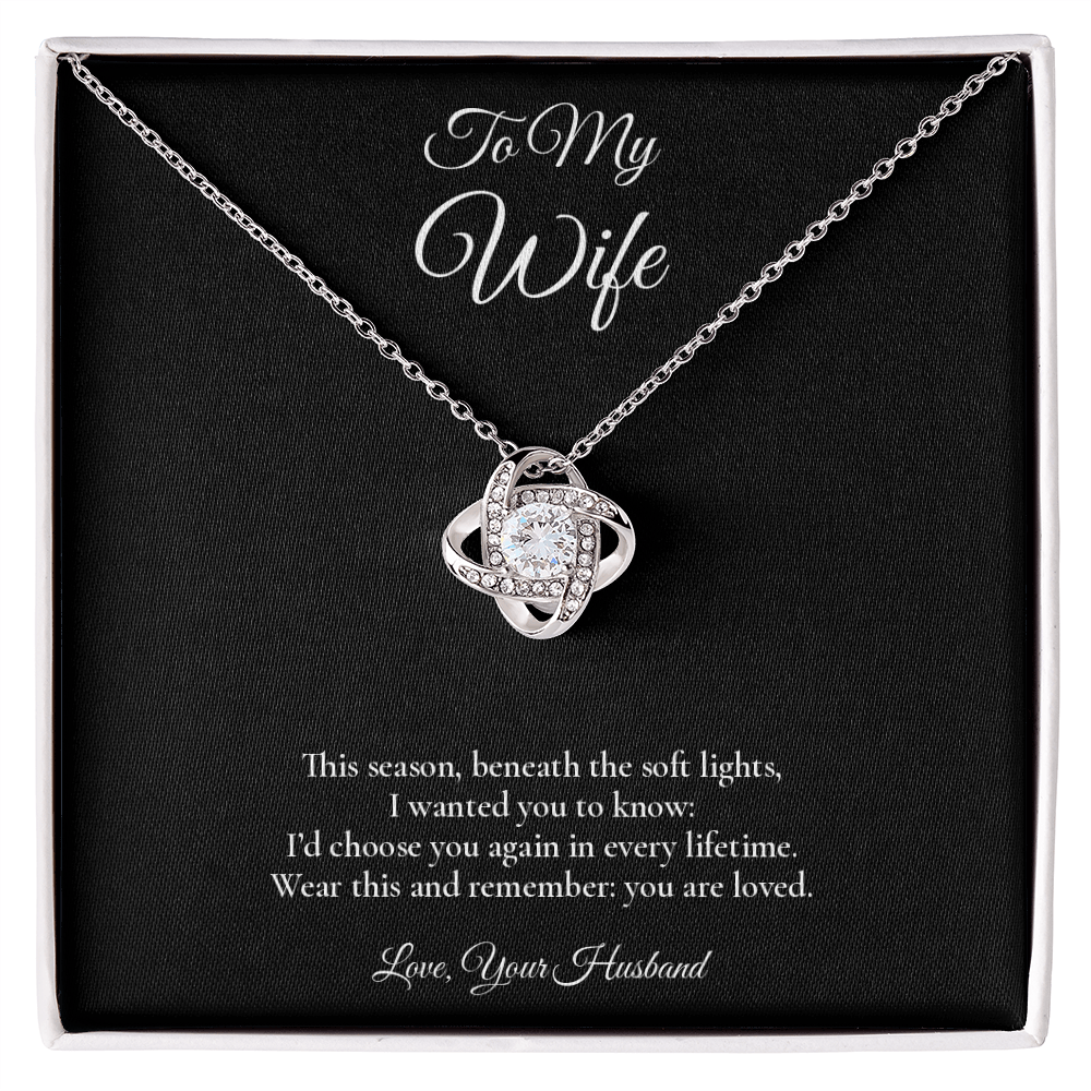 Wife Necklace from Husband – Love Knot Necklace with Message Card – Holiday Gift – 14k White Gold Finish