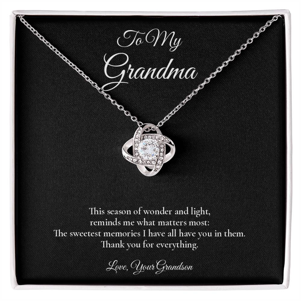 Grandma Necklace from Grandson – Love Knot Necklace with Message Card – Holiday Gift – 14k White Gold Finish