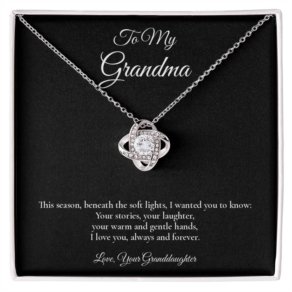 Grandma Necklace from Granddaughter – Love Knot Necklace with Message Card – Holiday Gift – 14k White Gold Finish
