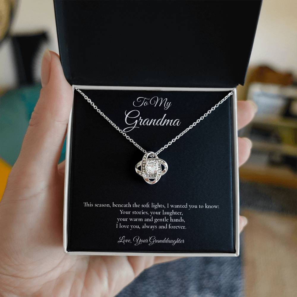 Grandma Necklace from Granddaughter – Love Knot Necklace with Message Card – Holiday Gift – 14k White Gold Finish