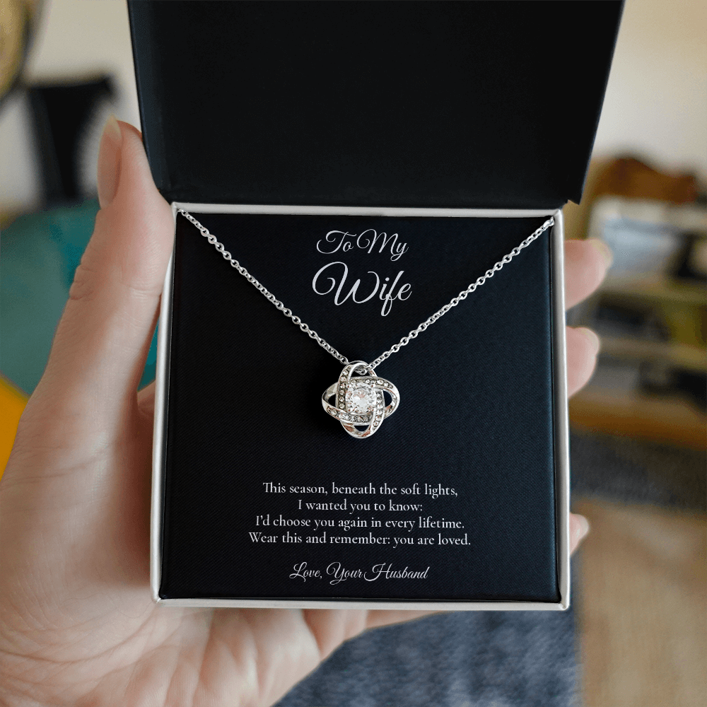 Wife Necklace from Husband – Love Knot Necklace with Message Card – Holiday Gift – 14k White Gold Finish