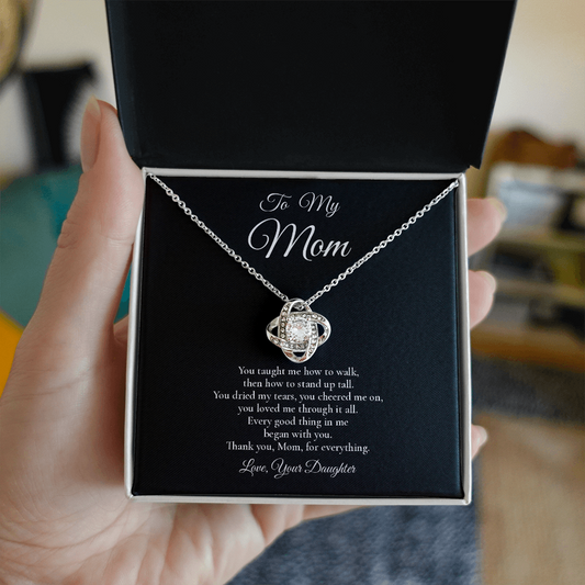 To My Mom - Every Good Thing - Love Knot Message Card Necklace