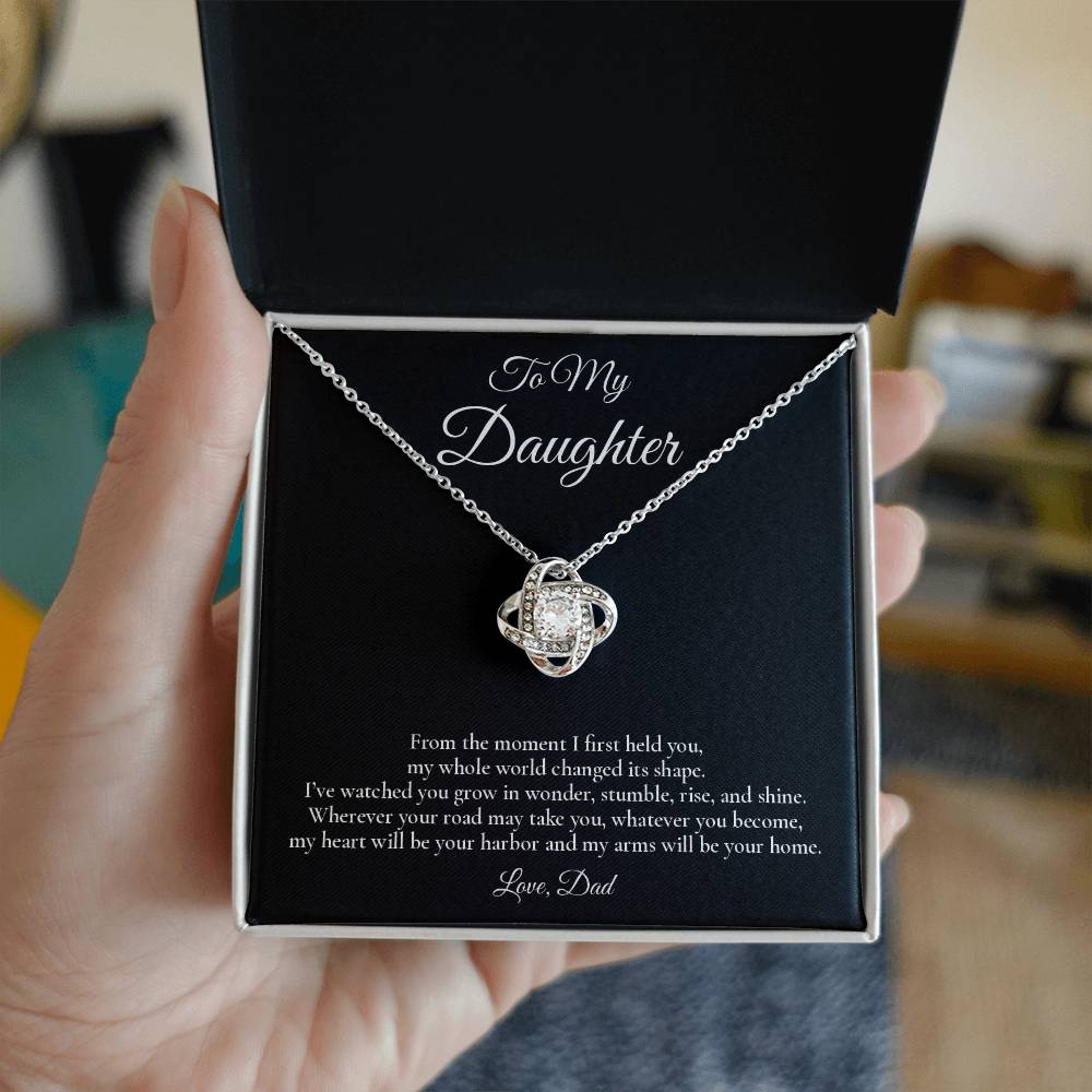 To My Daughter - My Heart Will Be Your Harbor - Love Knot Message Card Necklace
