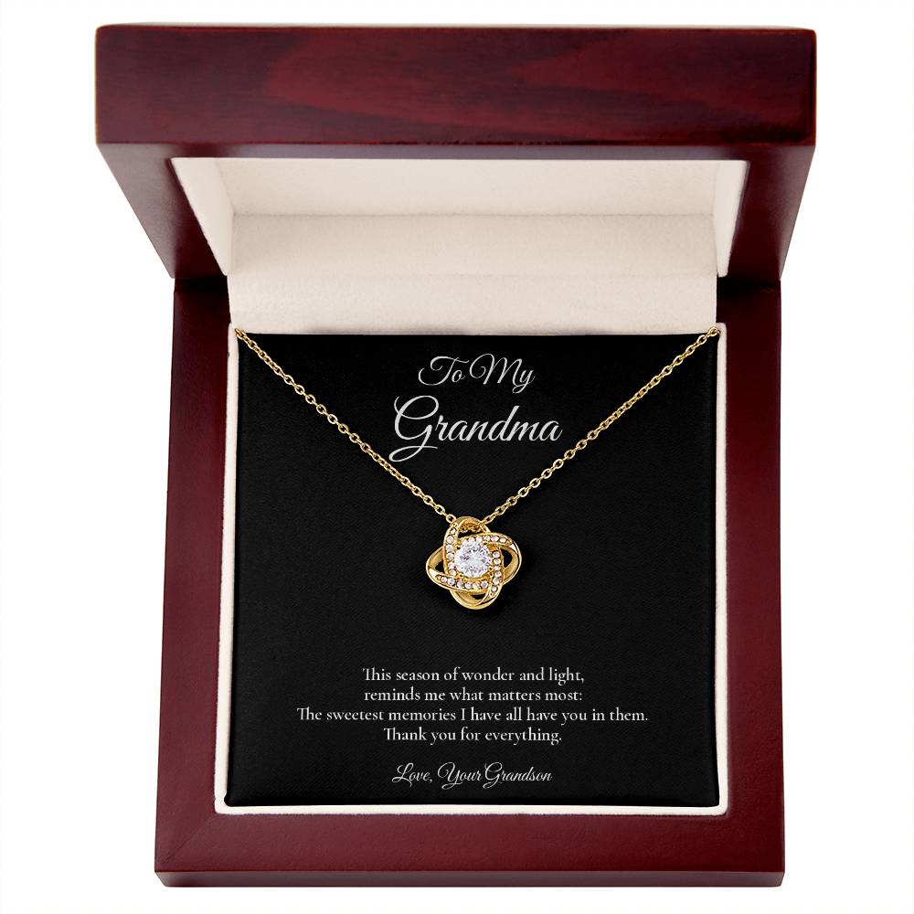 Grandma Necklace from Grandson – Love Knot Necklace with Message Card – Holiday Gift – 14k White Gold Finish