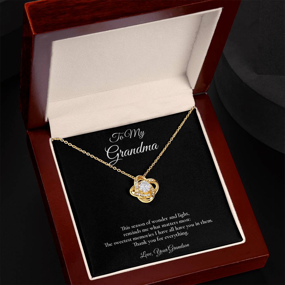 Grandma Necklace from Grandson – Love Knot Necklace with Message Card – Holiday Gift – 14k White Gold Finish