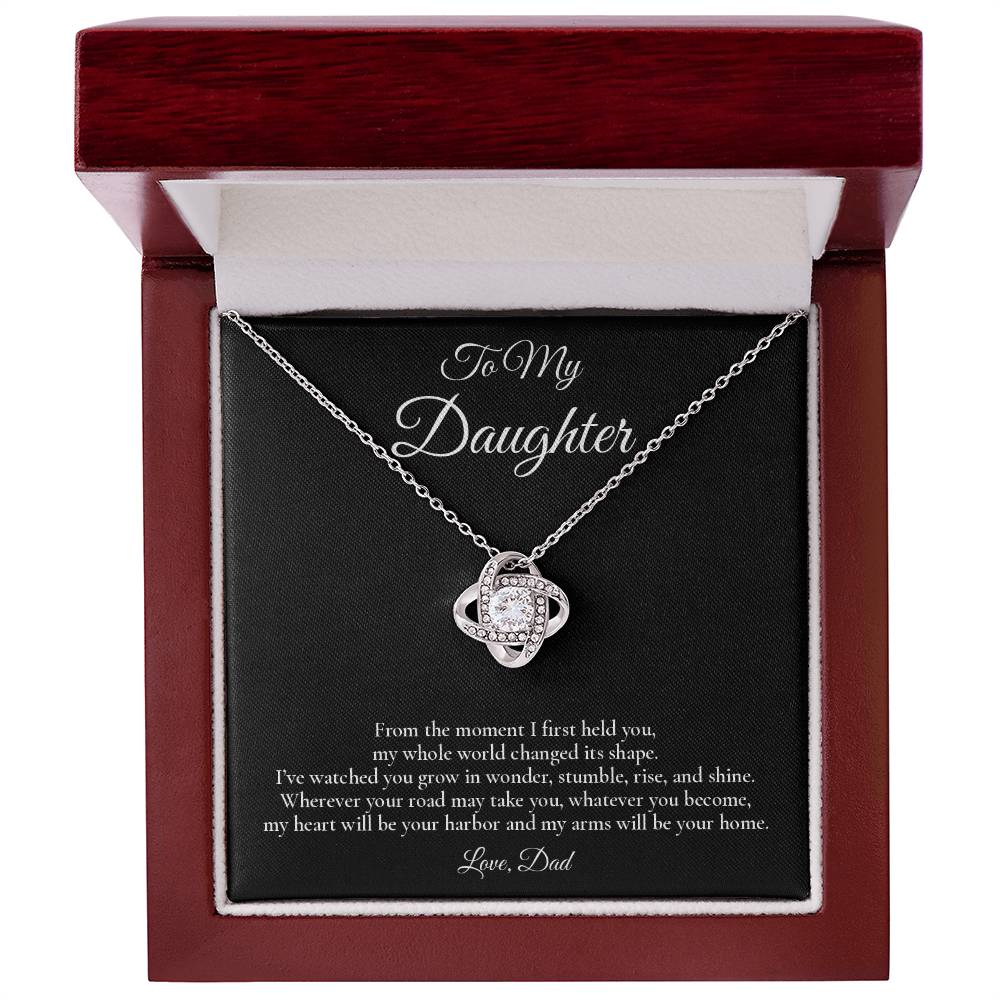 To My Daughter - My Heart Will Be Your Harbor - Love Knot Message Card Necklace