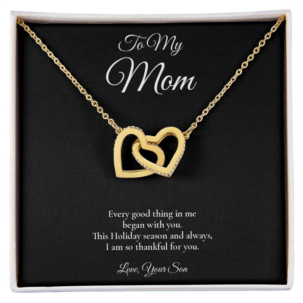 Mom Necklace from Son – Interlocking Hearts Necklace with Message Card – Holiday Gift – 14k White Gold Finish