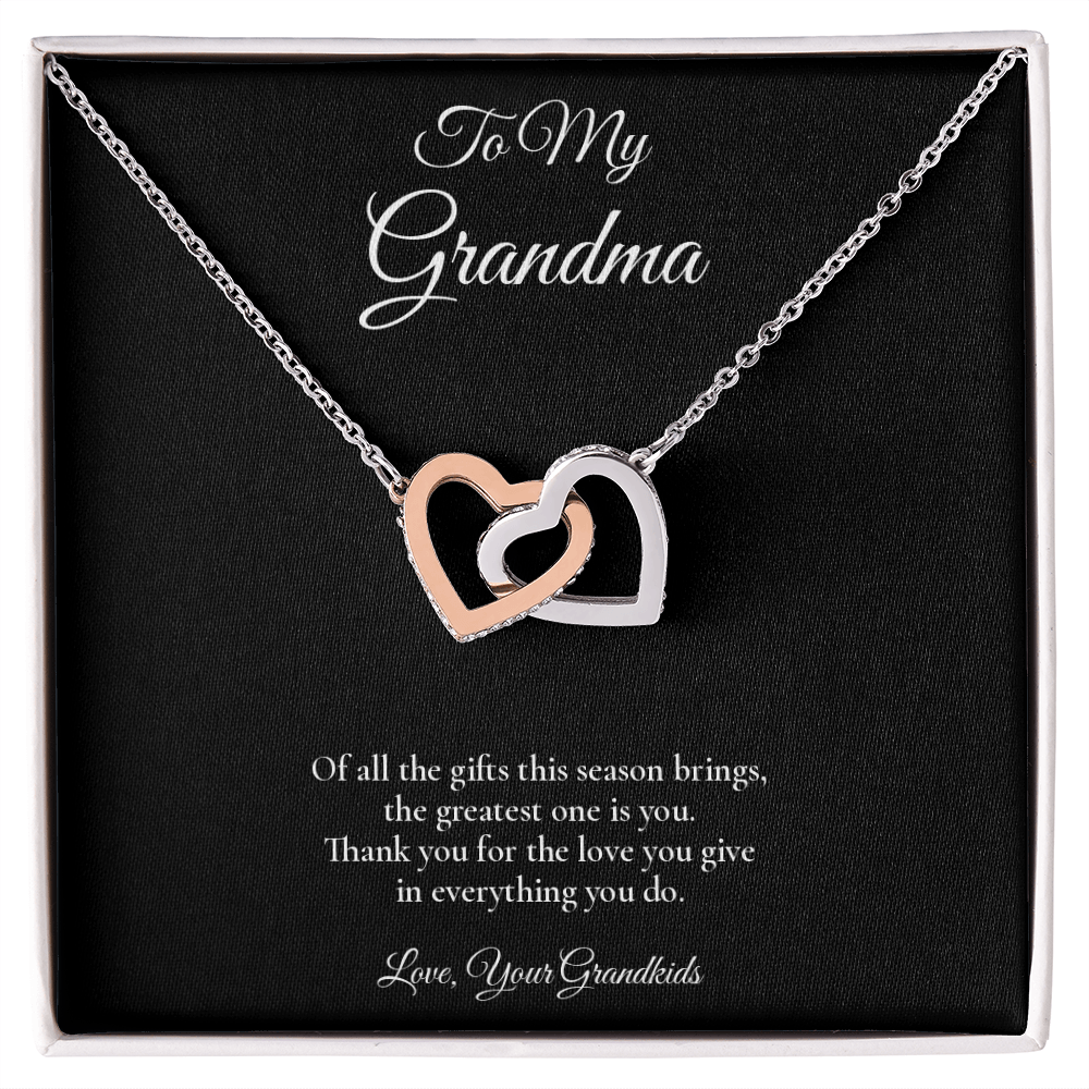 Grandma Necklace from Grandkids – Interlocking Hearts Necklace with Message Card – Holiday Gift – 14k White Gold Finish