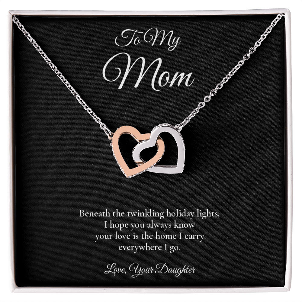 Mom Necklace from Daughter – Interlocking Hearts Necklace with Message Card – Holiday Gift – 14k White Gold Finish