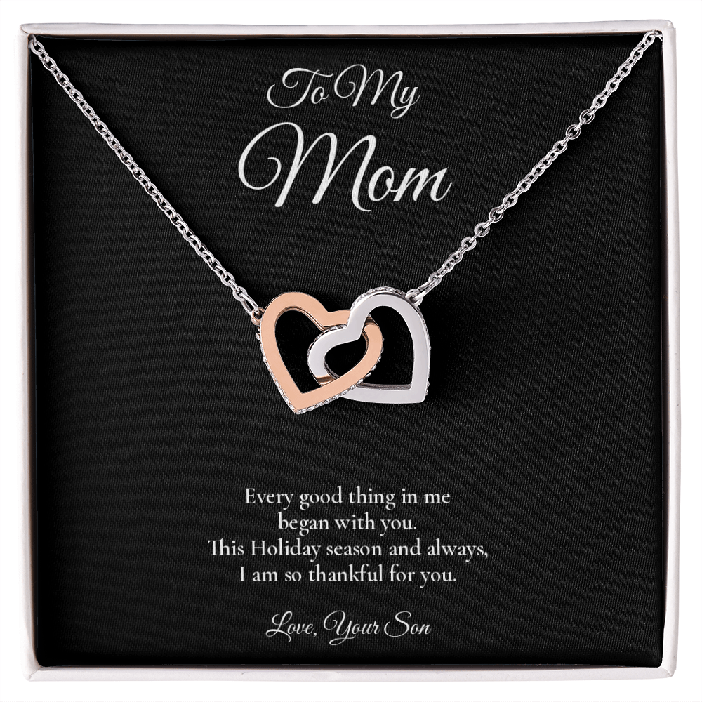 Mom Necklace from Son – Interlocking Hearts Necklace with Message Card – Holiday Gift – 14k White Gold Finish