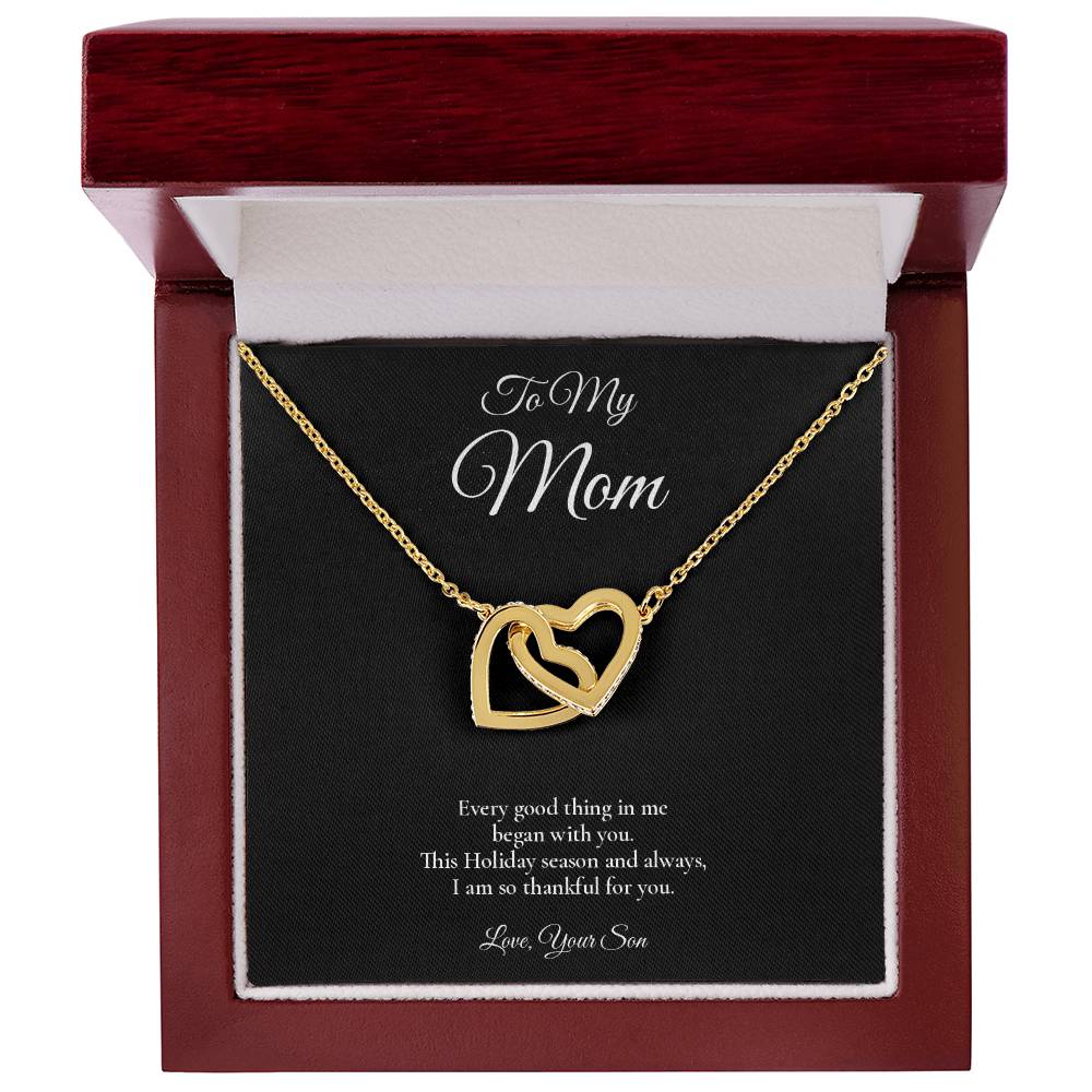 Mom Necklace from Son – Interlocking Hearts Necklace with Message Card – Holiday Gift – 14k White Gold Finish