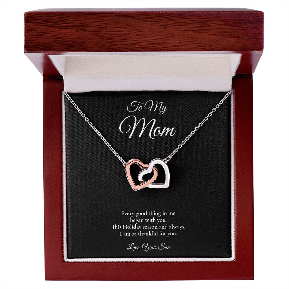 Mom Necklace from Son – Interlocking Hearts Necklace with Message Card – Holiday Gift – 14k White Gold Finish