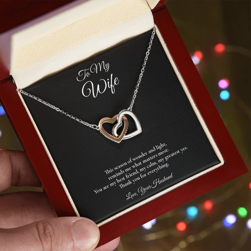Wife Necklace from Husband – Interlocking Hearts Necklace with Message Card – Holiday Gift – 14k White Gold Finish