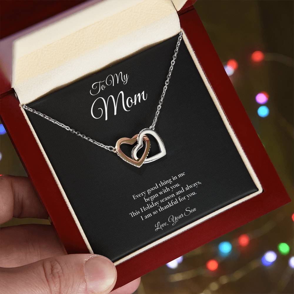 Mom Necklace from Son – Interlocking Hearts Necklace with Message Card – Holiday Gift – 14k White Gold Finish