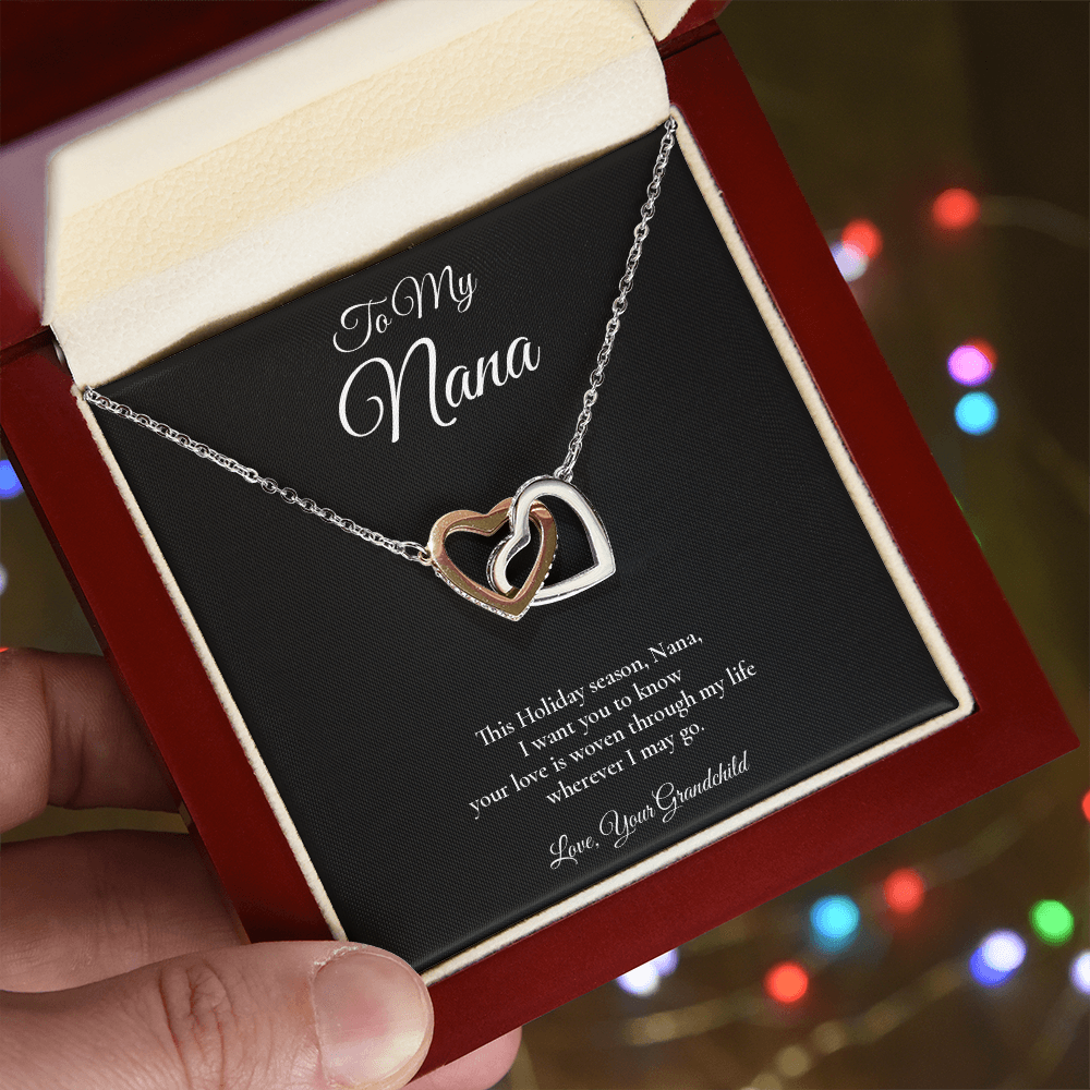 Nana Necklace from Grandchild – Interlocking Hearts Necklace with Message Card – Holiday Gift – 14k White Gold Finish