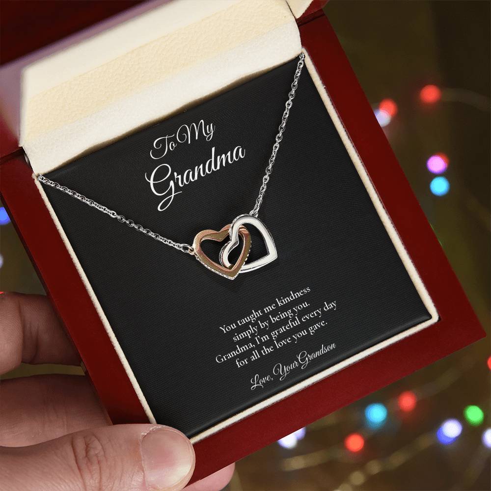 Grandma Necklace from Grandson – Interlocking Hearts Necklace with Message Card – Holiday Gift – 14k White Gold Finish