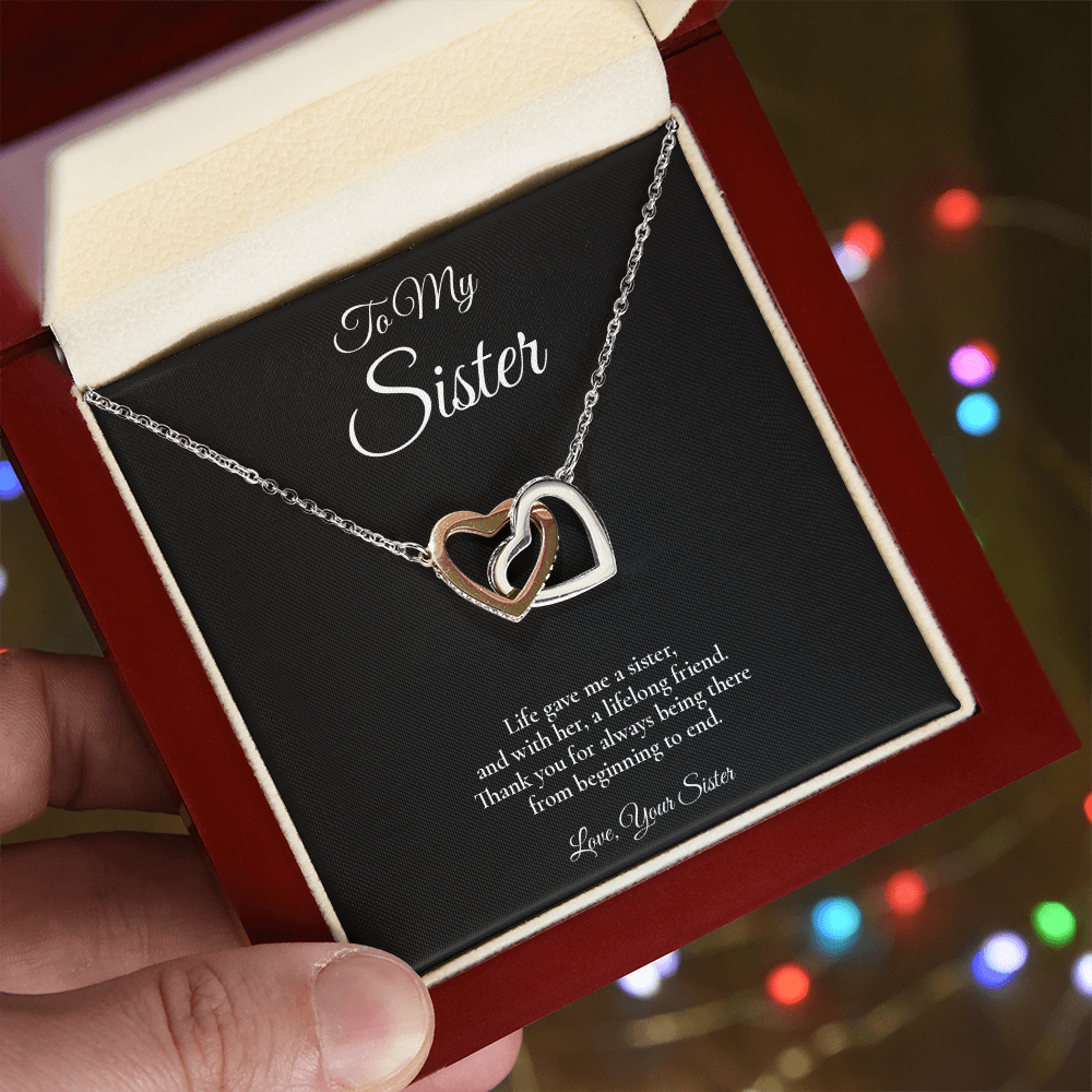Sister Necklace from Sister – Interlocking Hearts Necklace with Message Card – Holiday Gift – 14k White Gold Finish