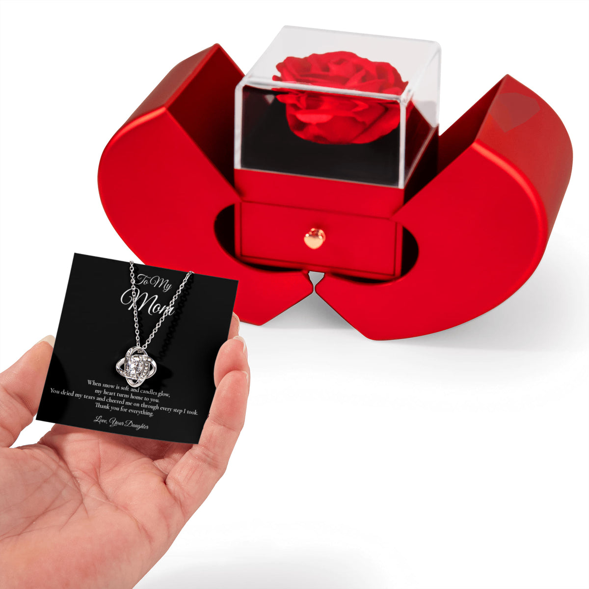 Mom Necklace from Daughter – Love Knot Necklace & Rose Box with Message Card – Holiday Gift – 14k White Gold Finish