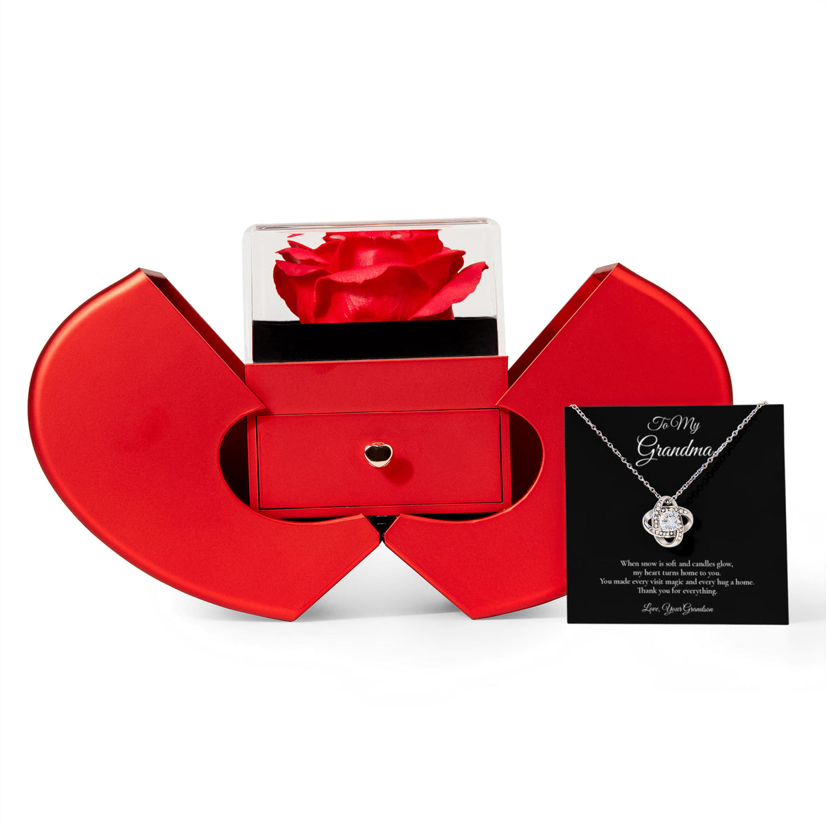 Grandma Necklace from Grandson – Love Knot Necklace & Rose Box with Message Card – Holiday Gift – 14k White Gold Finish