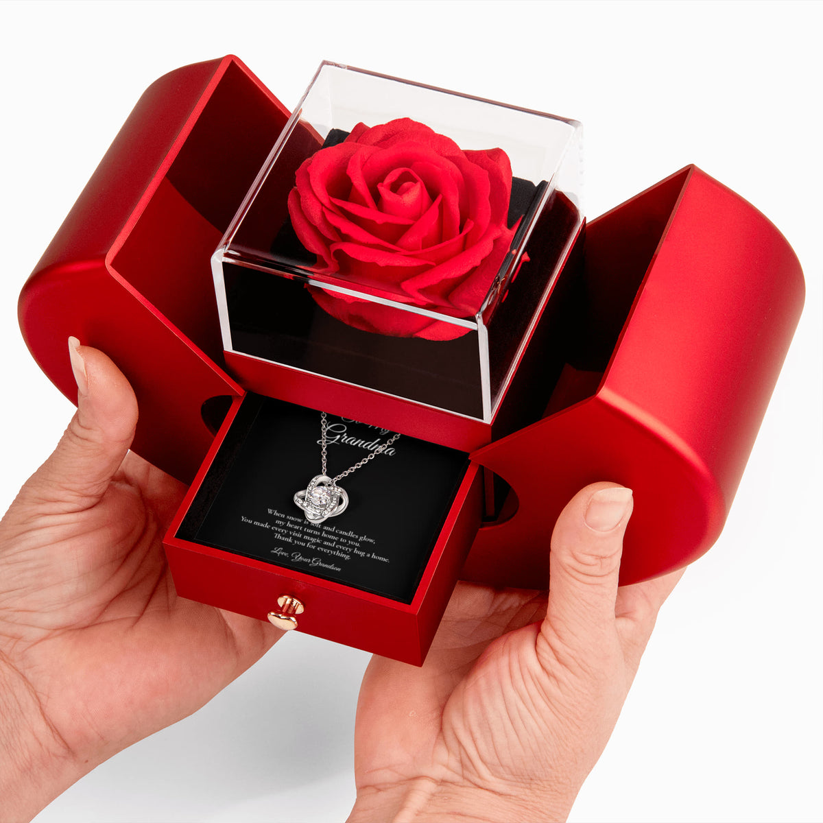 Grandma Necklace from Grandson – Love Knot Necklace & Rose Box with Message Card – Holiday Gift – 14k White Gold Finish