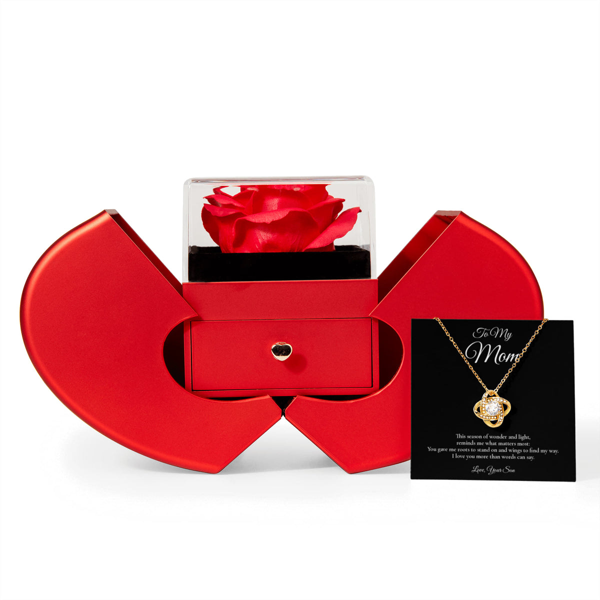 Mom Necklace from Son – Love Knot Necklace & Rose Box with Message Card – Holiday Gift – 14k White Gold Finish