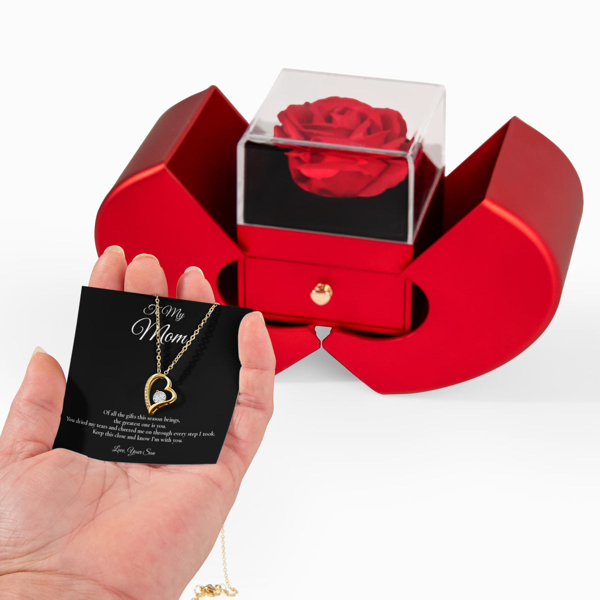 Mom Necklace from Son – Forever Love Necklace & Rose Box with Message Card – Holiday Gift – 14k White Gold Finish