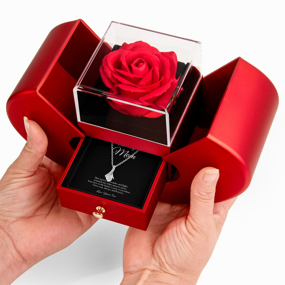 Mom Necklace from Son – Alluring Beauty Necklace & Rose Box with Message Card – Holiday Gift – 14k White Gold Finish