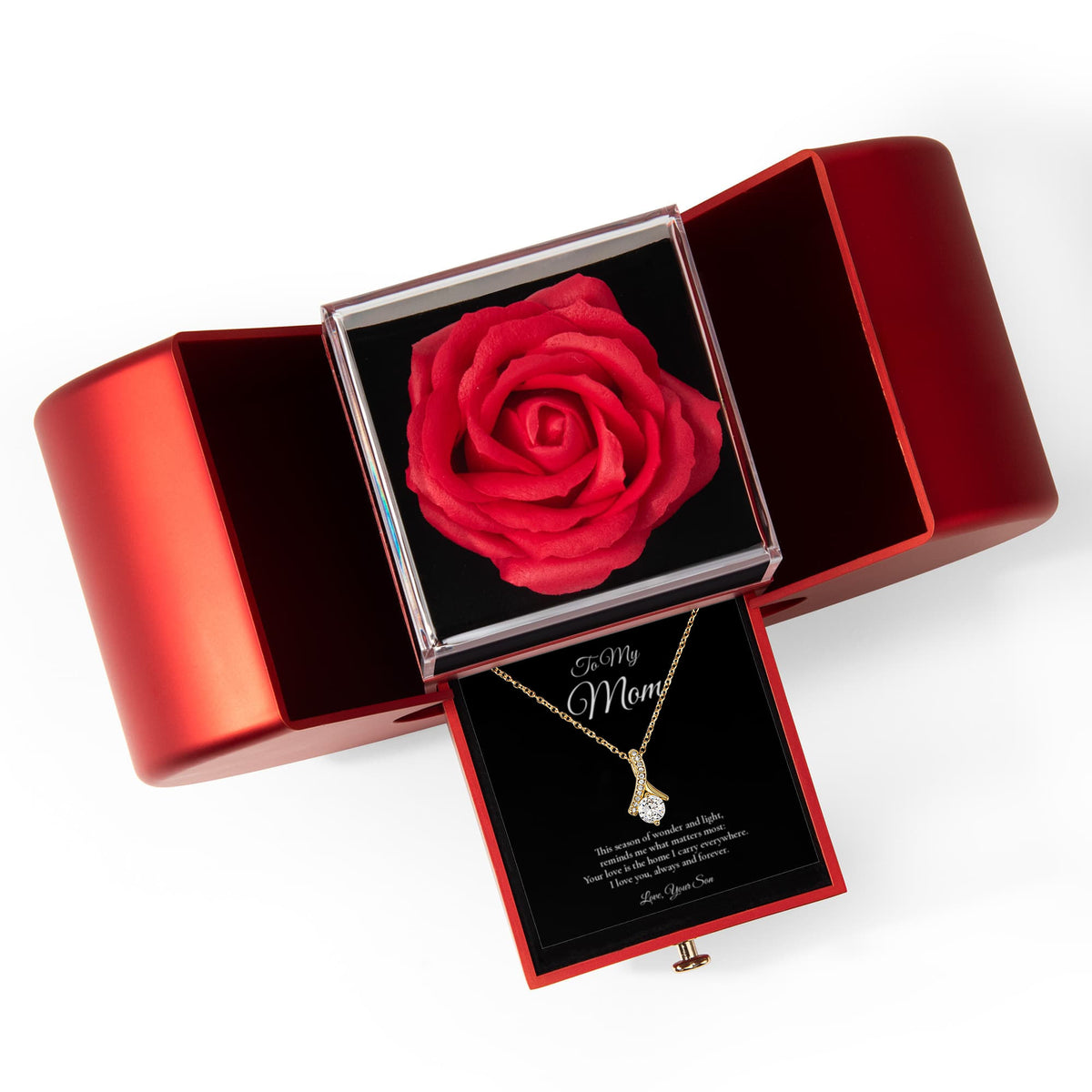 Mom Necklace from Son – Alluring Beauty Necklace & Rose Box with Message Card – Holiday Gift – 14k White Gold Finish